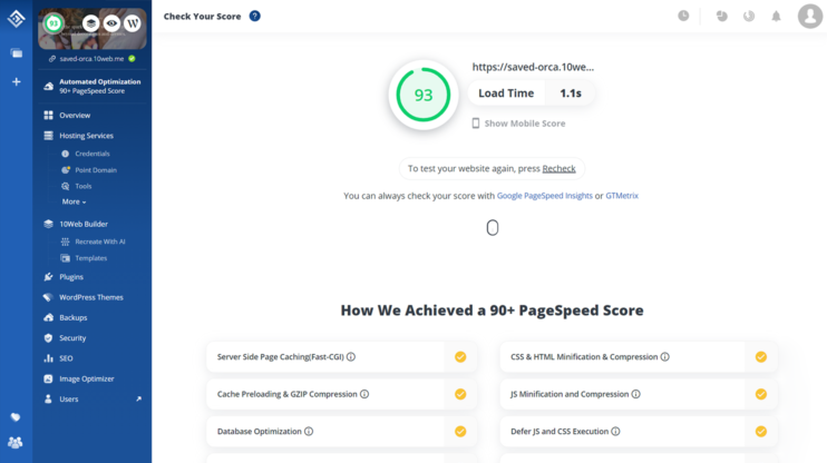 dashboard displaying pagespeed score