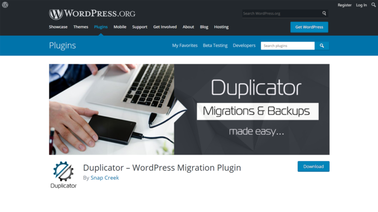 download page for duplicator plugin