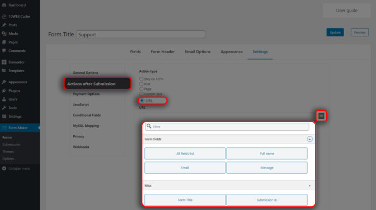 Form Maker Plugin in WP dashboard, customizing actions after submission. URL form fields