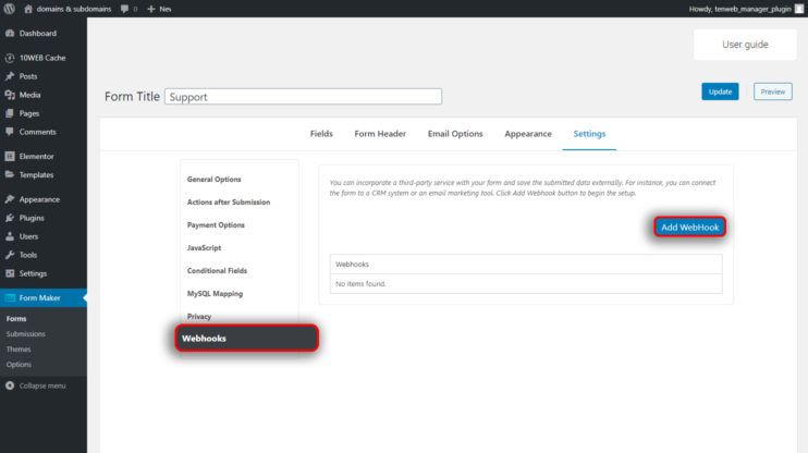 Form Maker Webhooks extension in WP dashboard