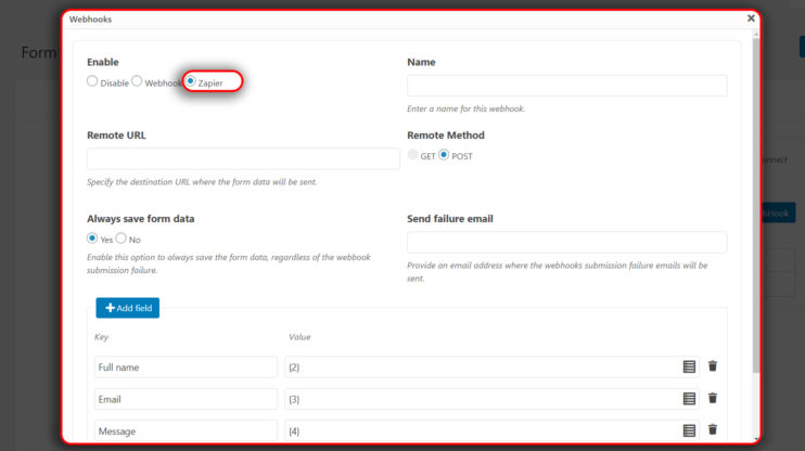 Form Maker Webhooks extension in WP integrating Zapier