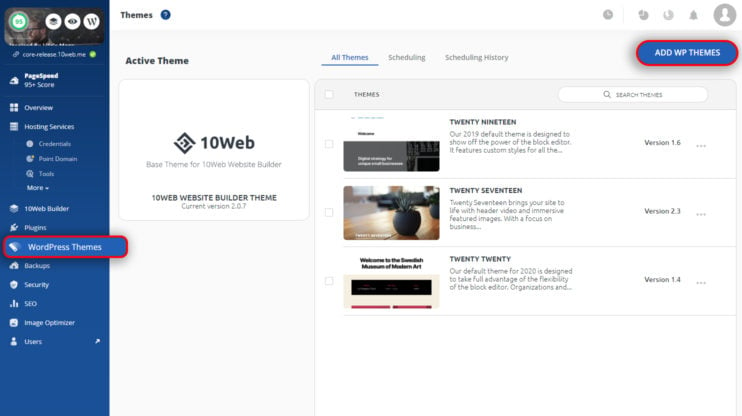 WordPress Themes in the 10Web dashboard