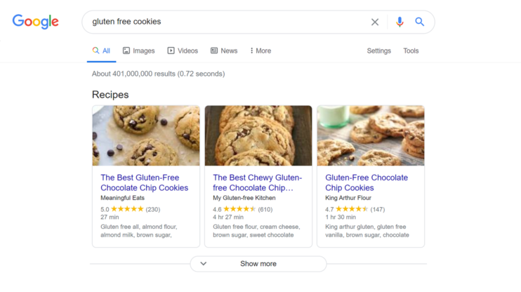 The result page of google search for "gluten free cookies" 