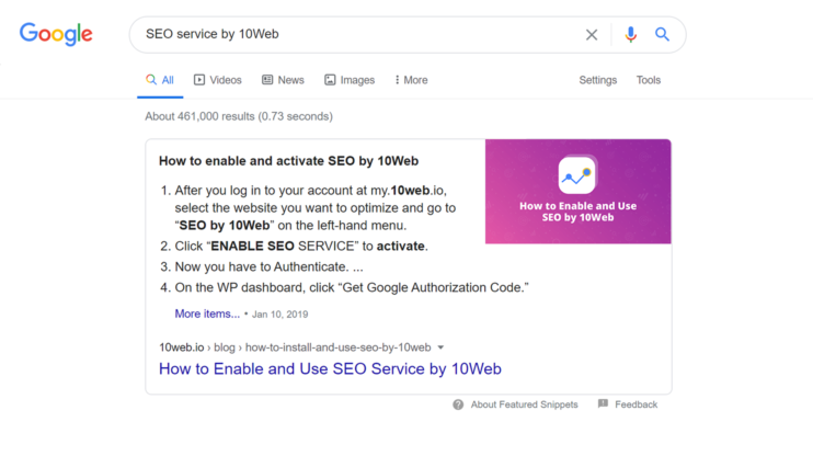 10Web's article in Google's knowledge graph