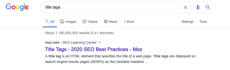 The results page of "title tags" google search 