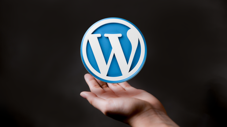 WordPress icon on top of the hand on the black background 