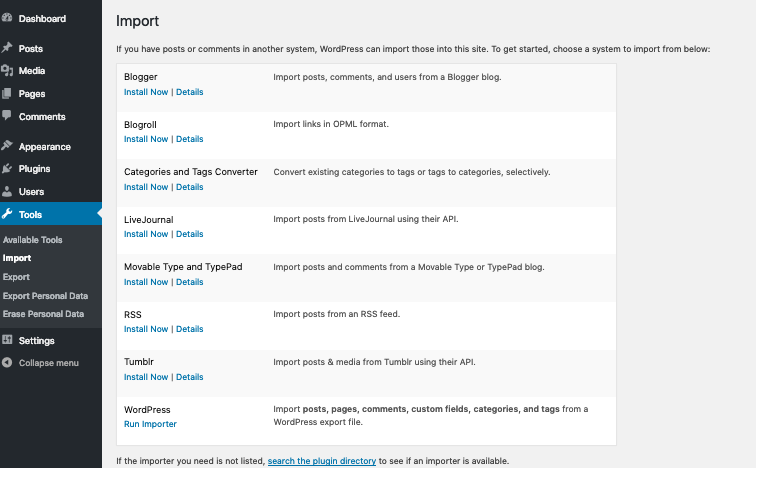 Importing content to WordPress