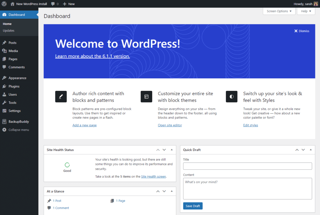 WordPress dashboard