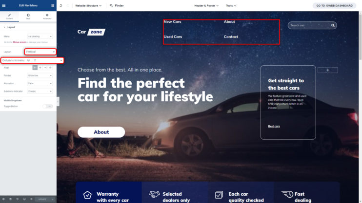10Web Premium Nav Menu widget columns