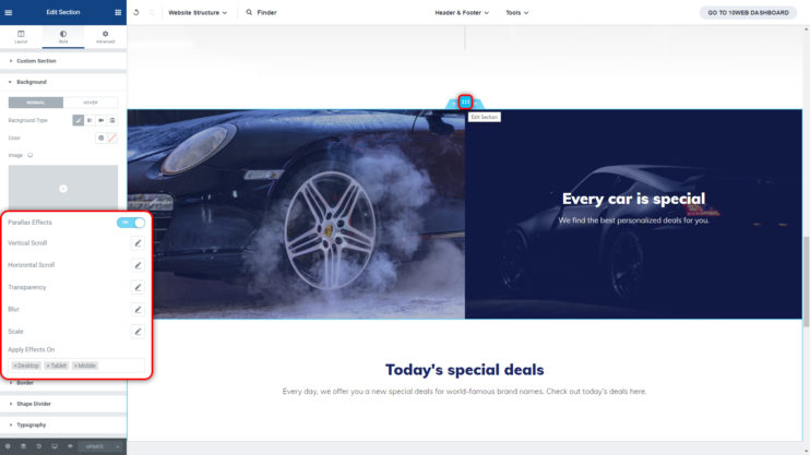 Parallax effect for sections in the 10Web Builder