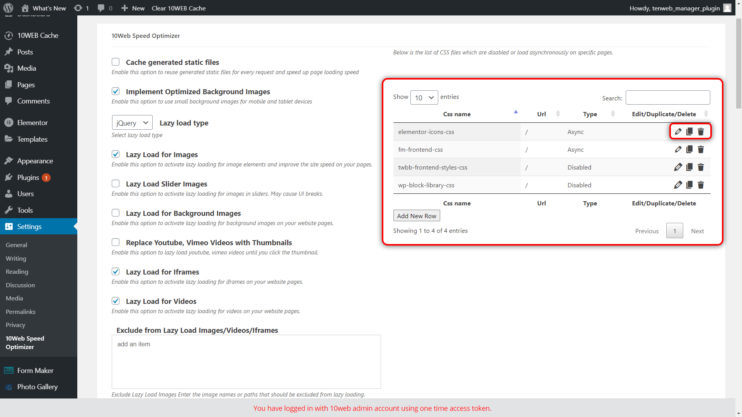 CSS Table WP backend 10Web Speed Optimizer 