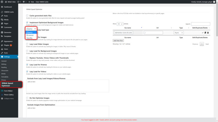 Speed Optimizer Plugin in WP admin lazy load types