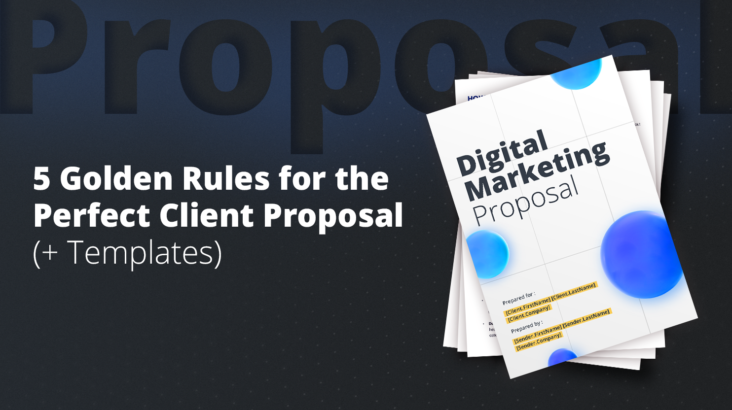 Stack of papers, the first one of which says "Marketing Proposal"