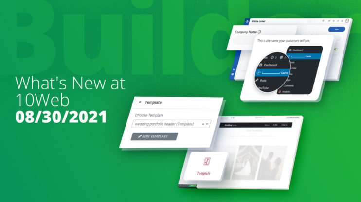 green background with WP admin dashboard and 10Web white label detail. Elementor and 10Web template widget