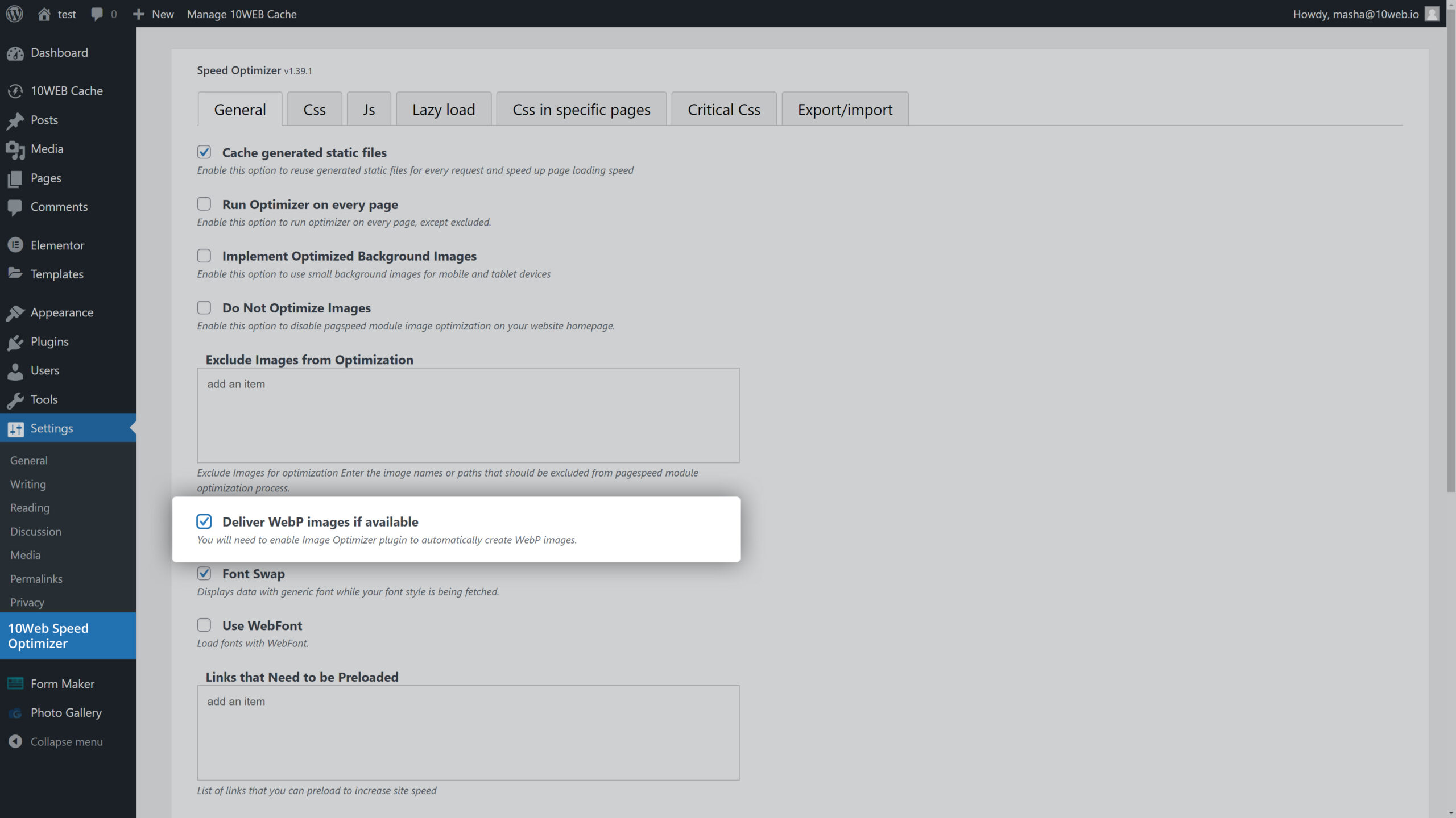 WP admin dashboard General settings of the the 10Web speed optimizer