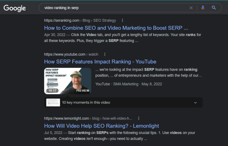 SERP results for video ranking serp