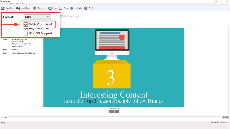 Checking “Web Optimized.” box in HandBrake