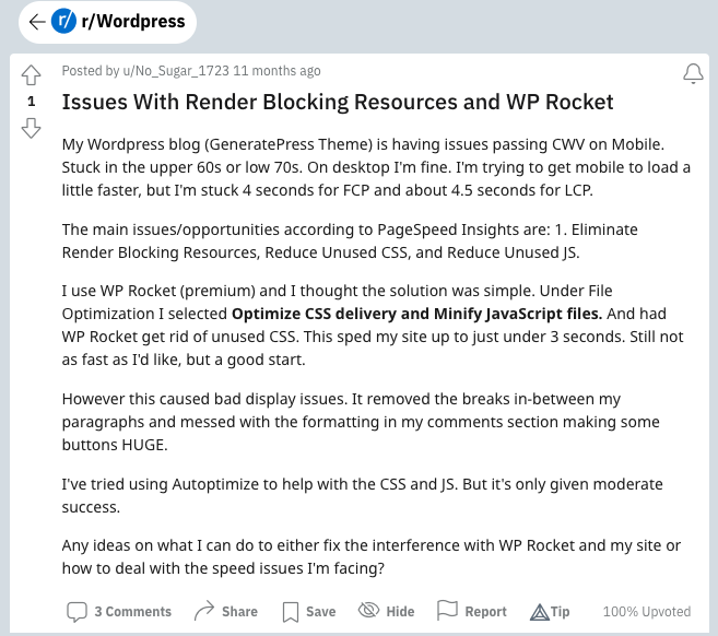 Reddit post in r/Wordpress abot breaking a website