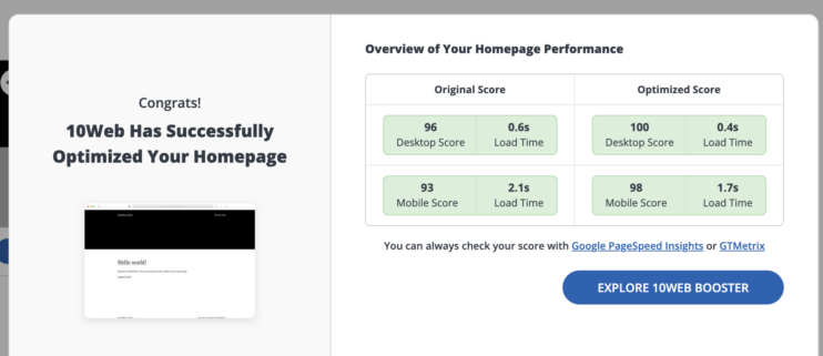 10Web Booster dashboard