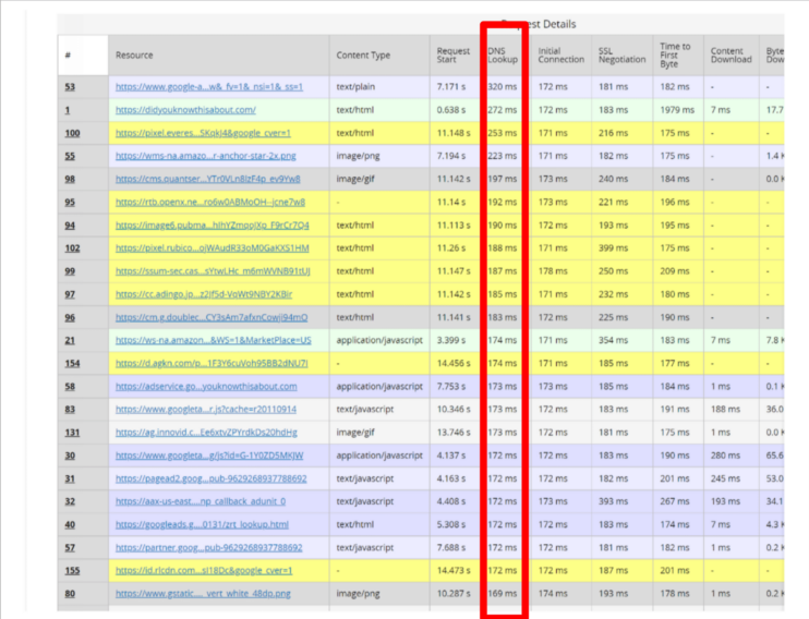 WebPagetest DNS Lookup requested information table