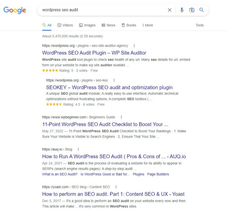 Google Search Results for the WordPress SEO Audit