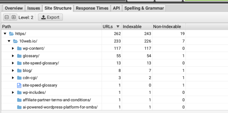 Screaming Frog Site Structure Tab