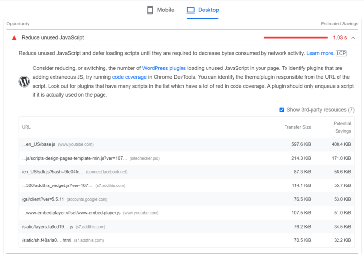 Expanded Reduce unused JavaScript Message Drop-down on Page Speed Insights