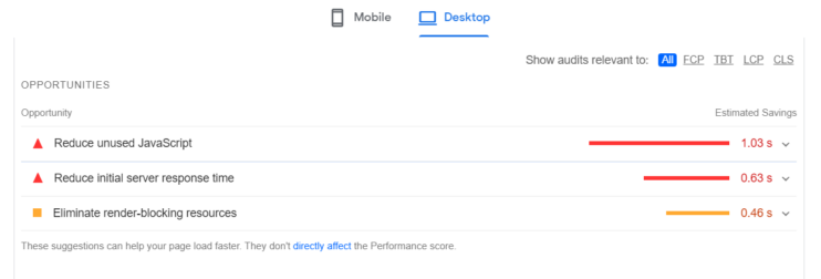 Desktop Opportunities Section in Page Speed Insights