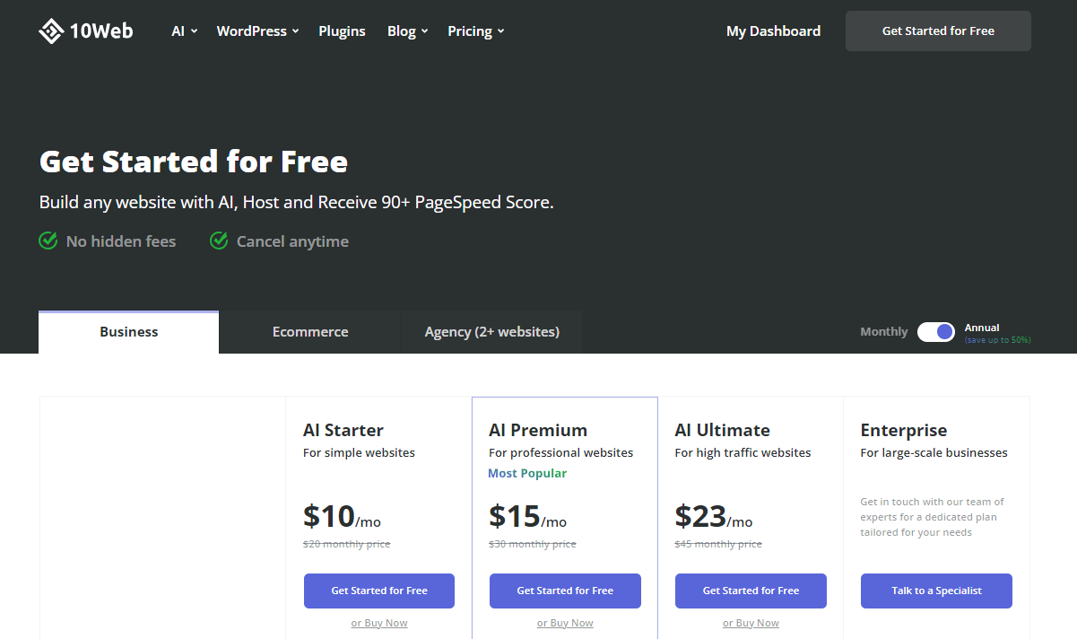 10Web Platform pricing