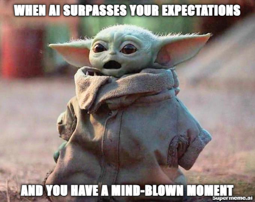 An AI generated meme about how mind-blowing AI capabilities showing baby yoda with a look of astonishment.