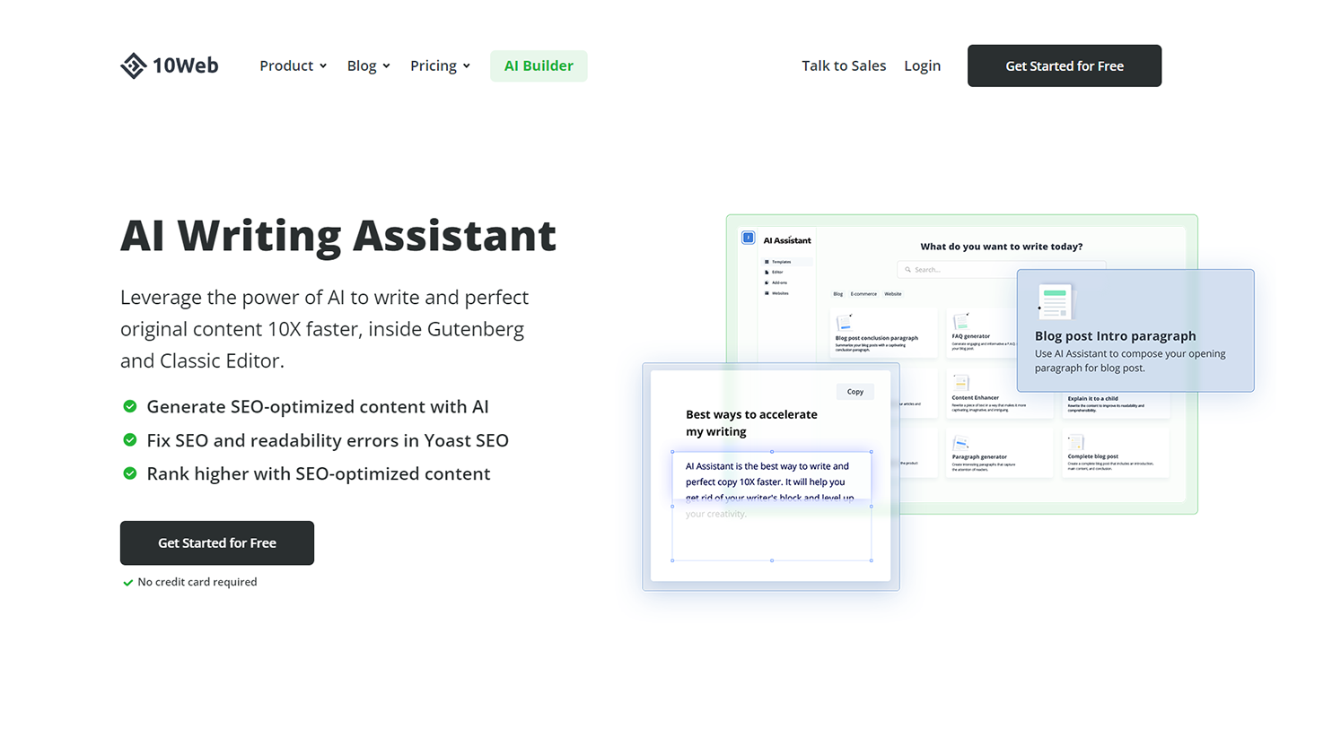10Web AI Writing Assistant Landing Page