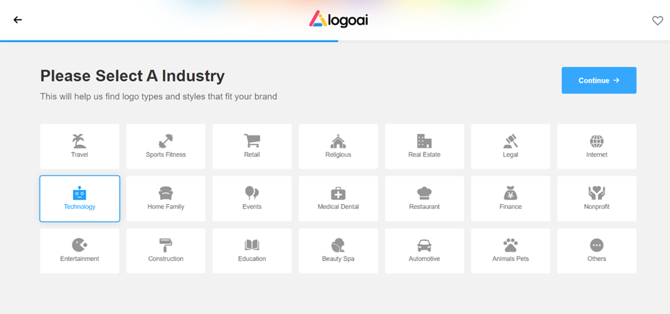 Logo AI - Selecting industry screen
