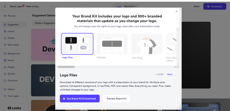 Looka - Downloading logo and Brand kit