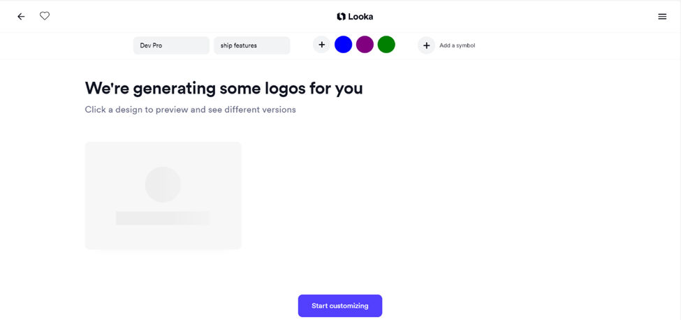 Looka - Generating logo screen