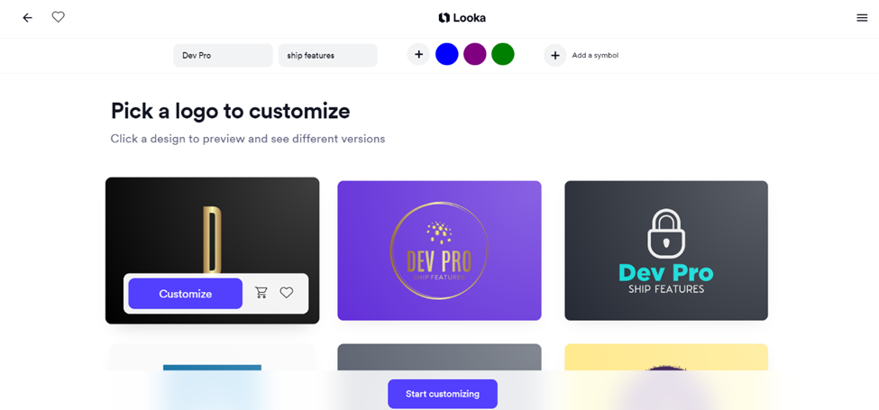 Looka - Picking a logo to customize screen