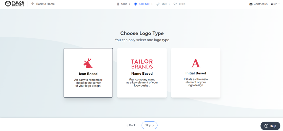 Tailor Brands - Choosing Logo type screen