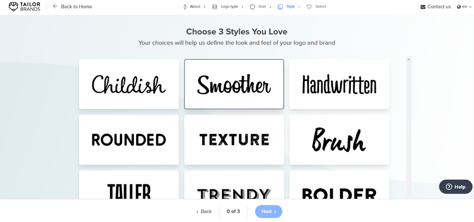 Tailor Brands - Choosing font styoles screen