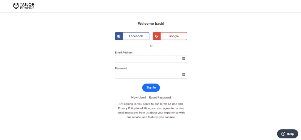 Tailor Brands - Sign In Screen