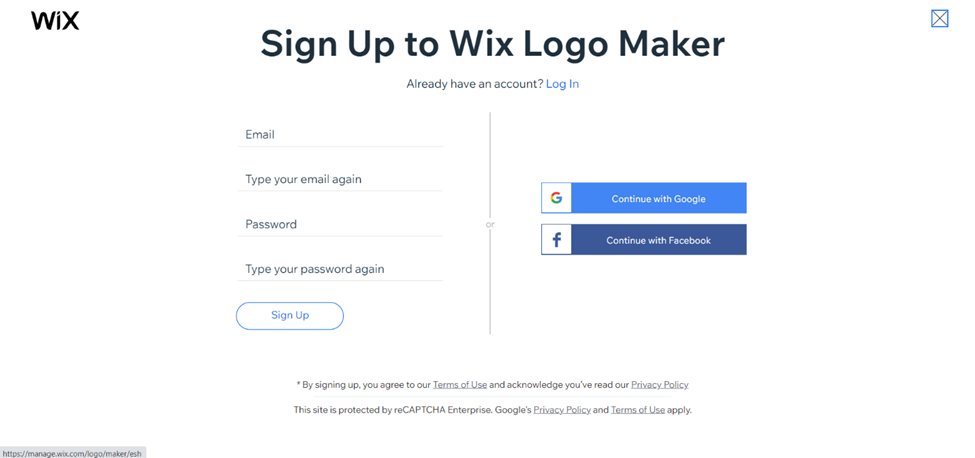 Wix Logo Maker - Sign Up screen