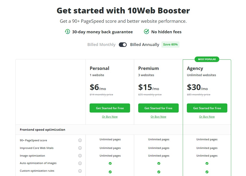 10Web PageSpeed Booster Pricing