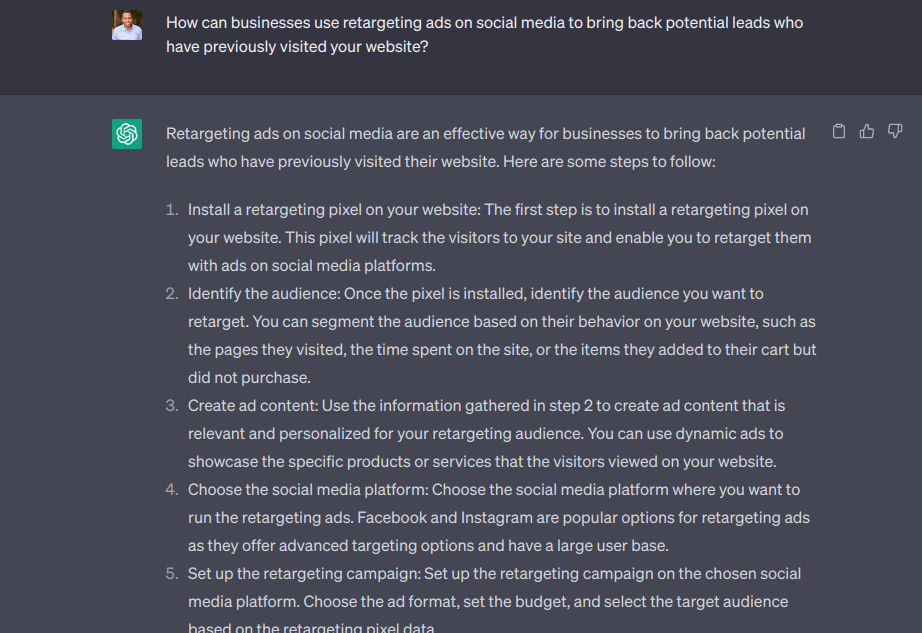 ChatGPT prompt for using retargeting on social media