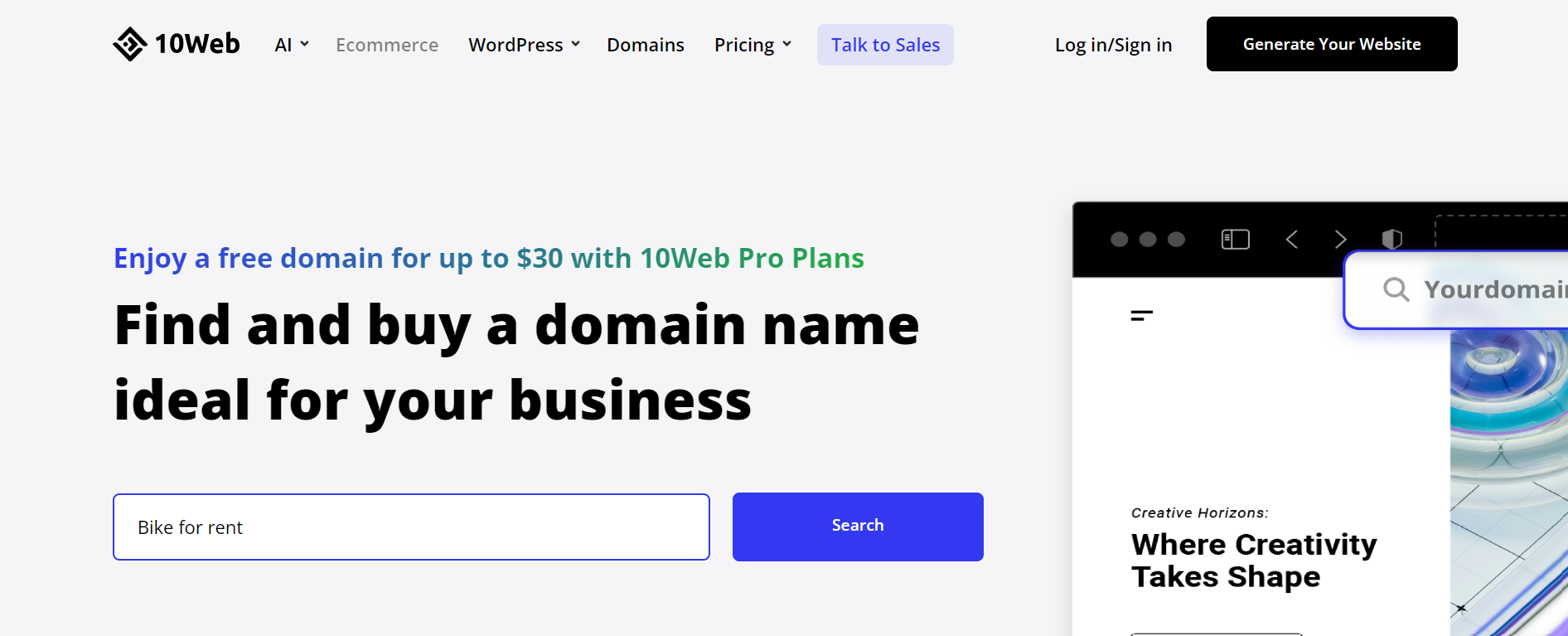 Registering a domain with 10Web
