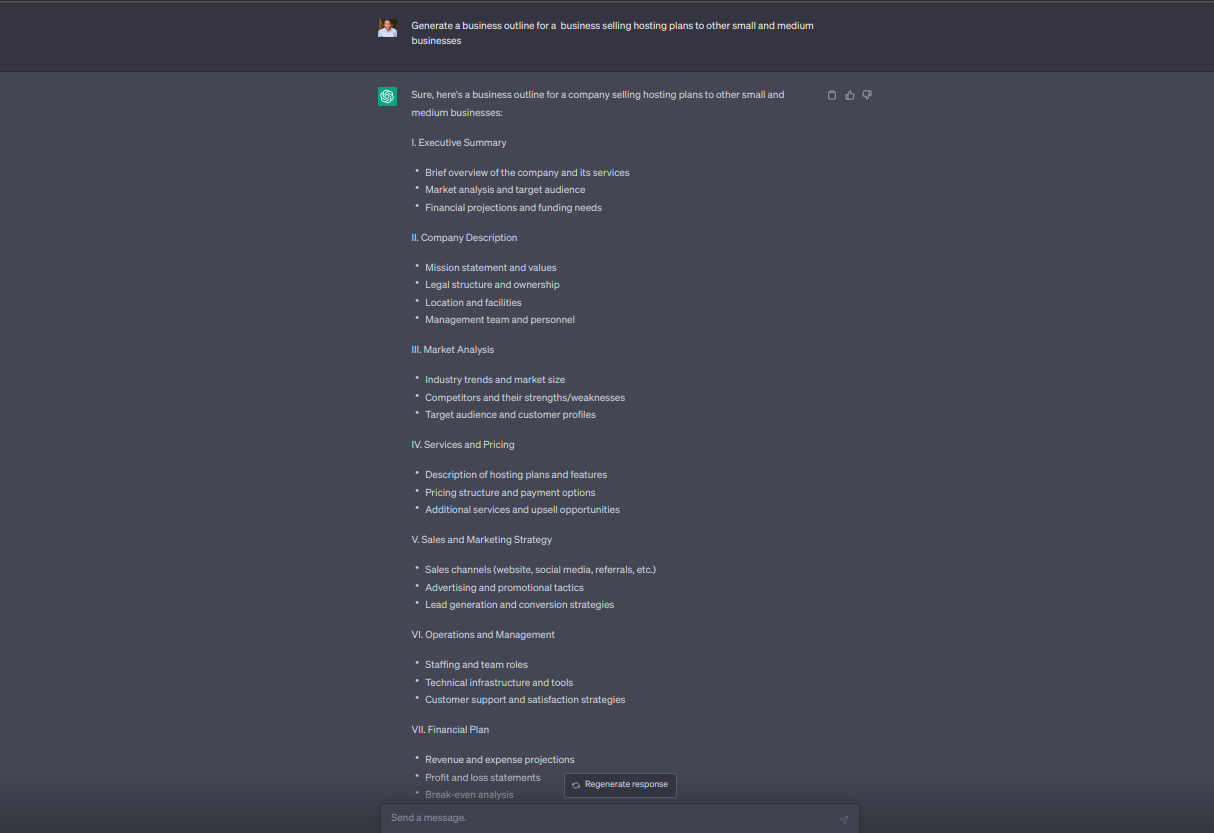 ChatGPT Prompts for Generating a business plan outline