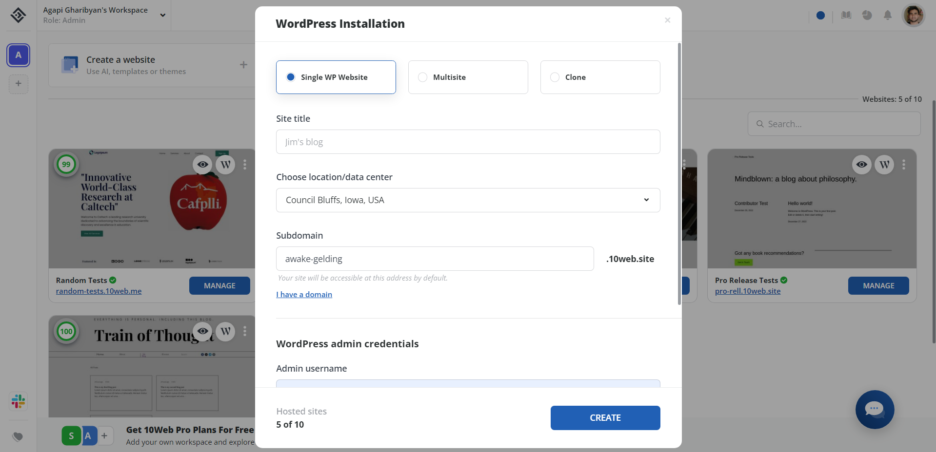 WordPress Installation in 10Web Dashboard