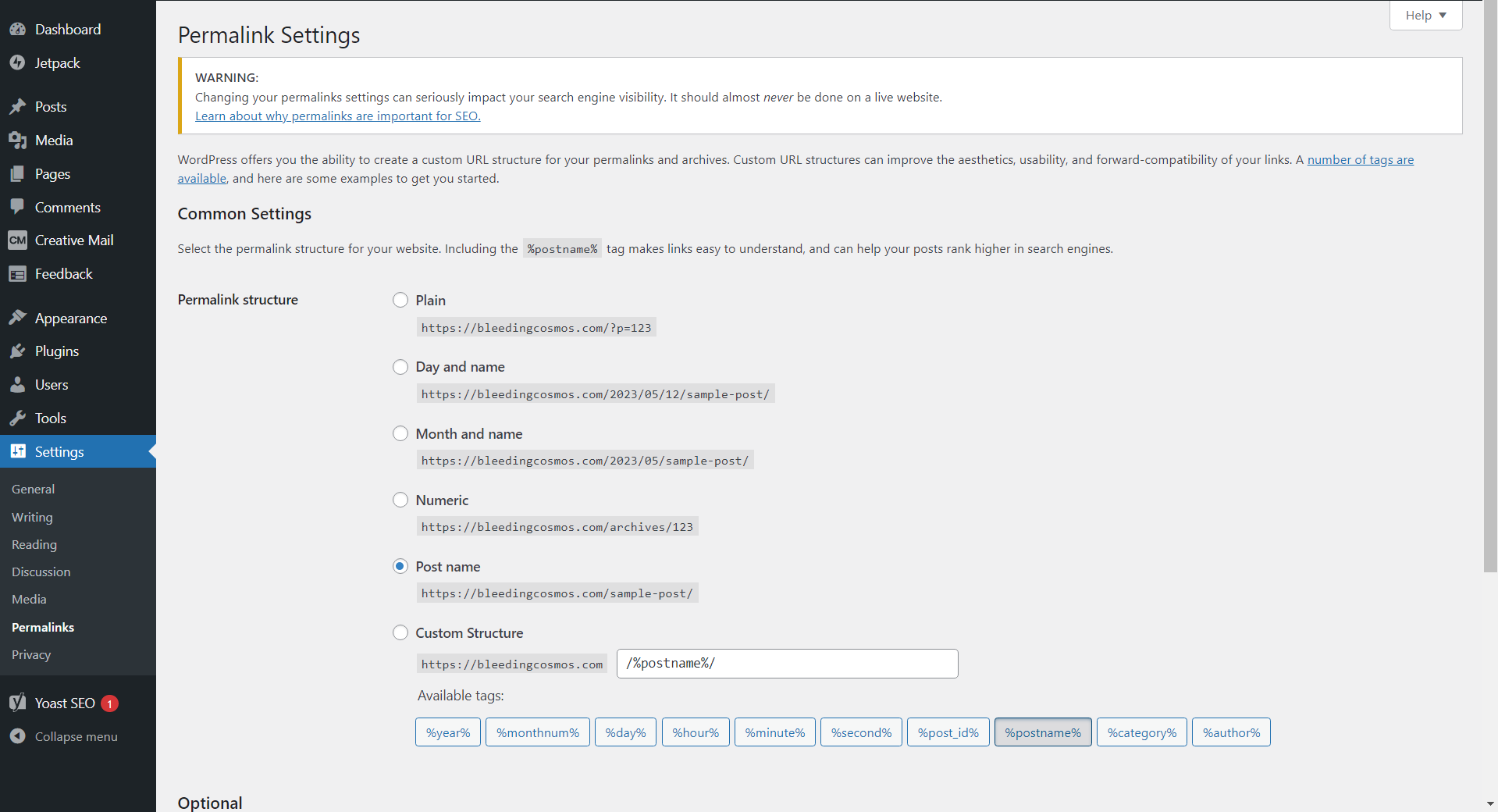 Configuring WordPress permalink settings