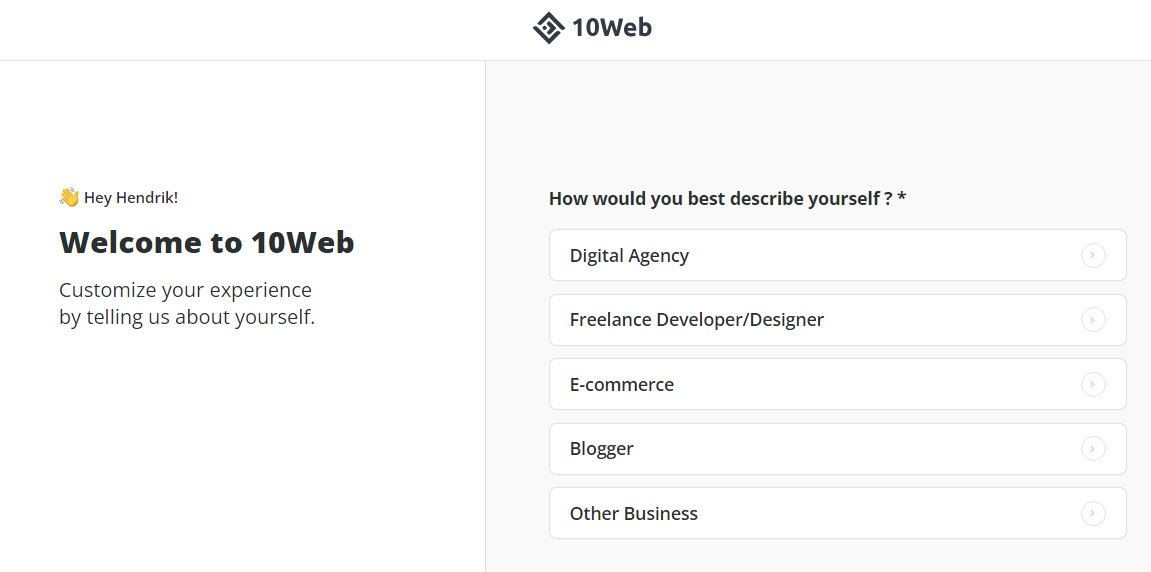 Completing 10Web sign up form