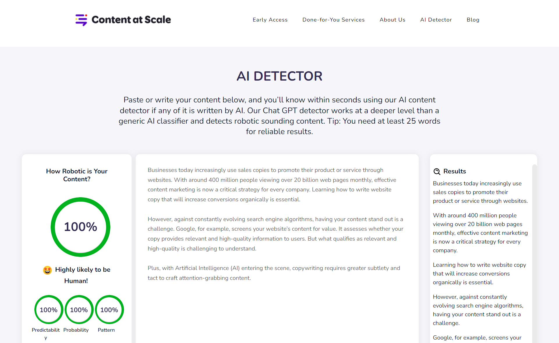 Content at Scale AI Detector Result