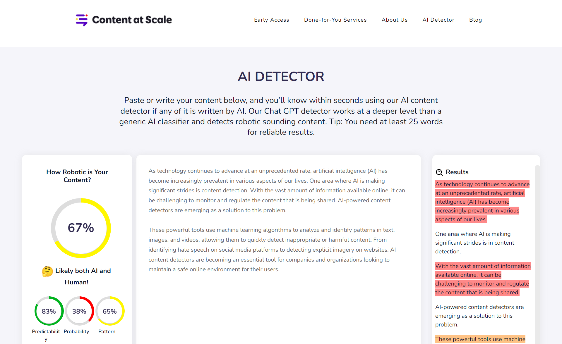 Content at Scale AI Detector's Results for AI-Generated Content