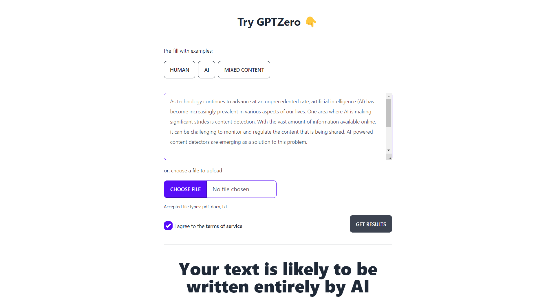 GPRZero Plagiarism Results AI-Generated Content