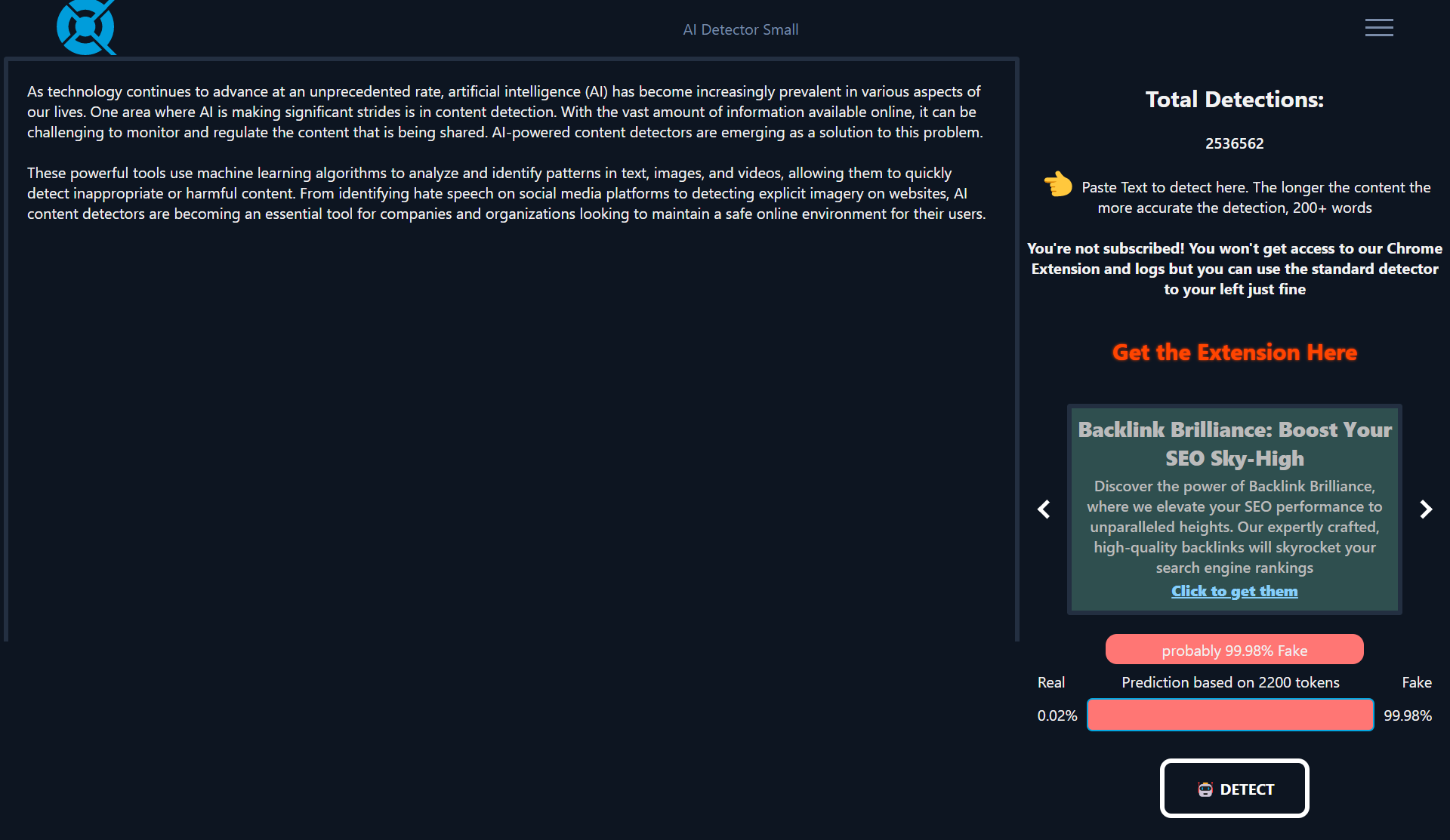 Kazan SEO AI Detector Result for AI-Generated Content